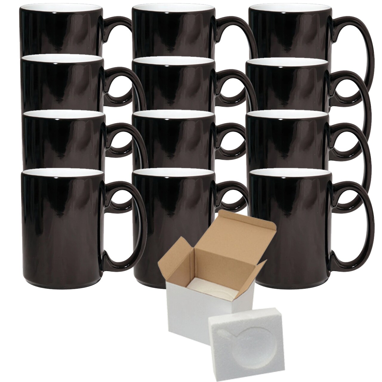12 Pack 15oz Color Changing Sublimation Mugs With Gift Mug Box. Mugs - Cardboard Box with Foam Supports Case of 12